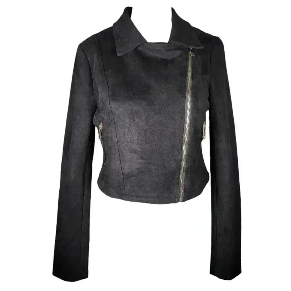 Vera & Lucy Tassel Faux Suede Black Moto Wing Collar Jacket Coat Size M - Picture 5 of 13